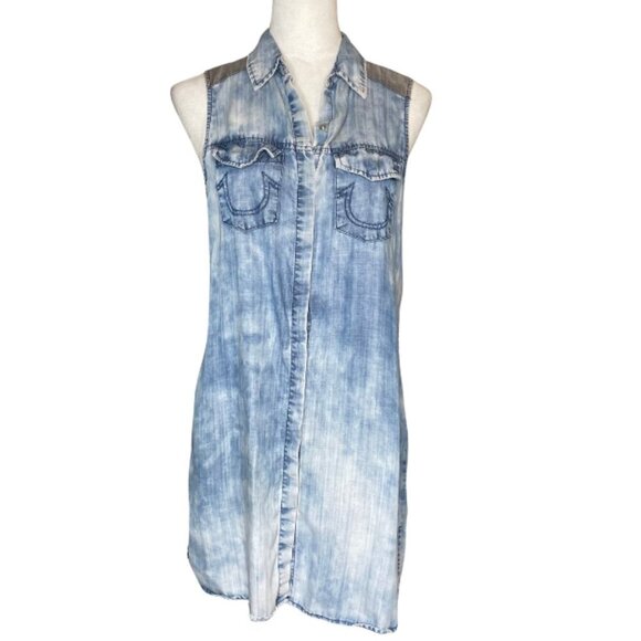 True Religion Womens Sleeveless Bleached Denim Chambray Georgia Dress Blue XS - Picture 3 of 9
